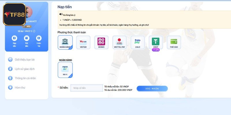 Hướng dẫn nạp tiền TF88 bằng hình thức chuyển khoản ngân hàng