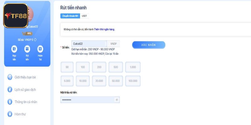 Hướng dẫn rút tiền TF88 với chuyển khoản ngân hàng